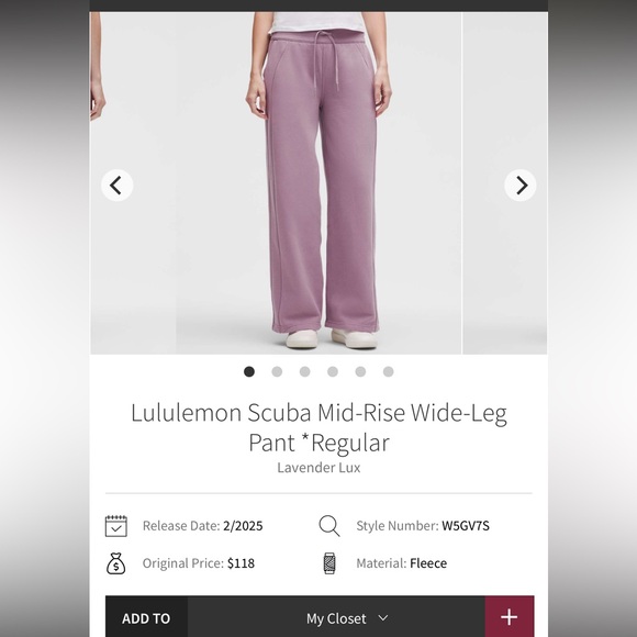 1. Lululemon women’s XL wide leg scuba pants lavender lux purple - Picture 3 of 3